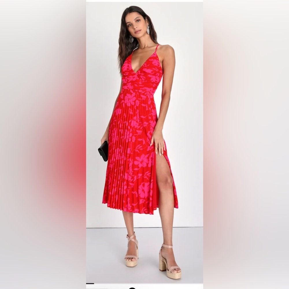 Vibrant Moment Red and Pink Floral Pleated Lace-Up Midi Dress